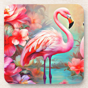 Porta-copo Flamingos rosa em um lago com flores-20231