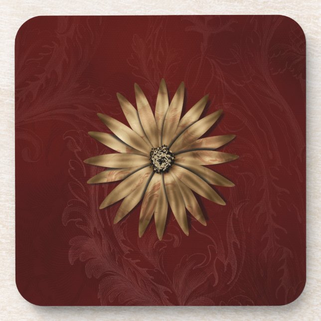 Porta-copo Flor Metálico Dourado no tecido vermelho (Frente)