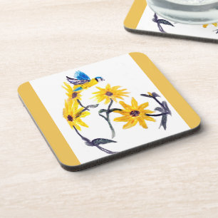Porta-copo Floral Bird Art Amarelo Girassóis