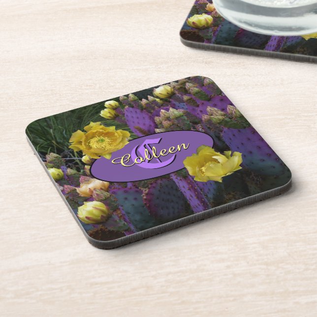 Porta-copo Flores Amarelas de Cacto Roxo Personalizadas Monog (Left Side)