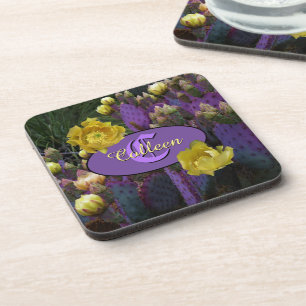 Porta-copo Flores Amarelas de Cactus Roxo Personalizadas