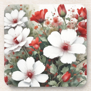 Porta-copo Flores Brancas e Vermelhas Aquarela Elegante