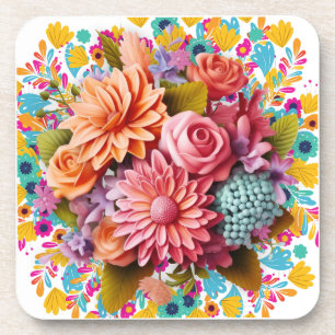 Porta-copo Flores coloridas 3D, cor-de-rosa e laranja