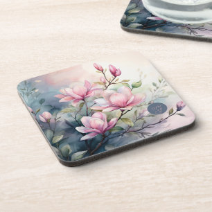 Porta-copo Flores de Magnólia Rosa Botânica Monogramada