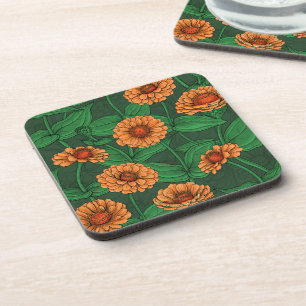 Porta-copo Flores de Zinnia laranja, folhas verdes em verde e