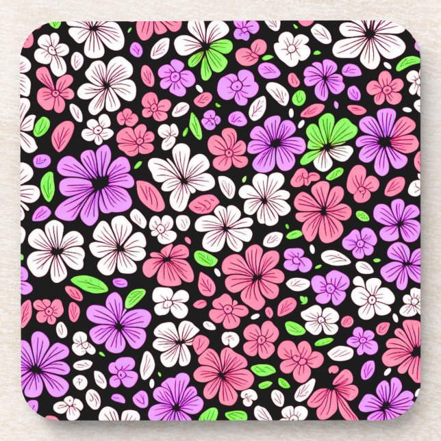 Porta-copo Flores e Pétalas Roxas e Rosadas em Preto (Frente)