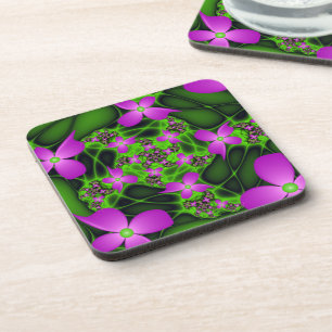 Porta-copo Flores Fractais Modernas Abstratas Rosa Verde Neon