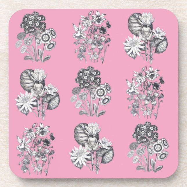Porta-copo Flores monocromáticas em fundo rosa (Frente)