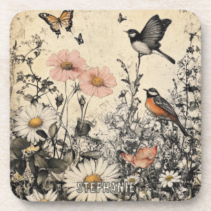 Porta-copo Flores, Pássaros e Borboletas em Papel Vencido (1)
