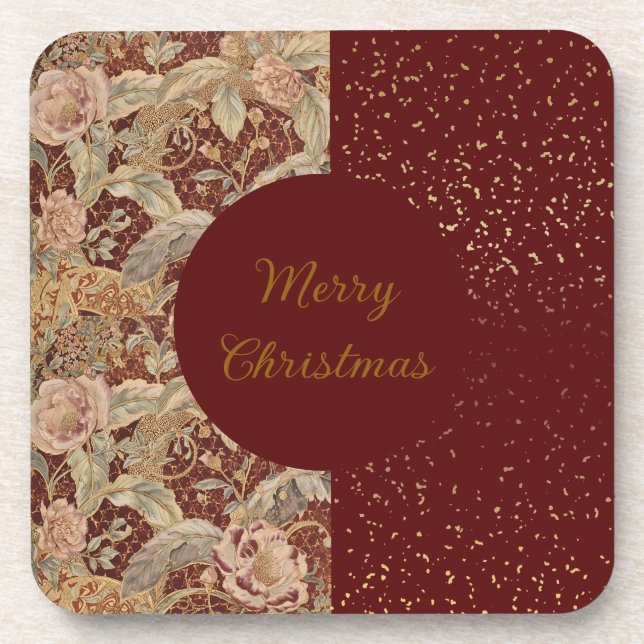 Porta-copo Flowers,Burgundi Red Gold Glitter, Merry Christmas (Frente)