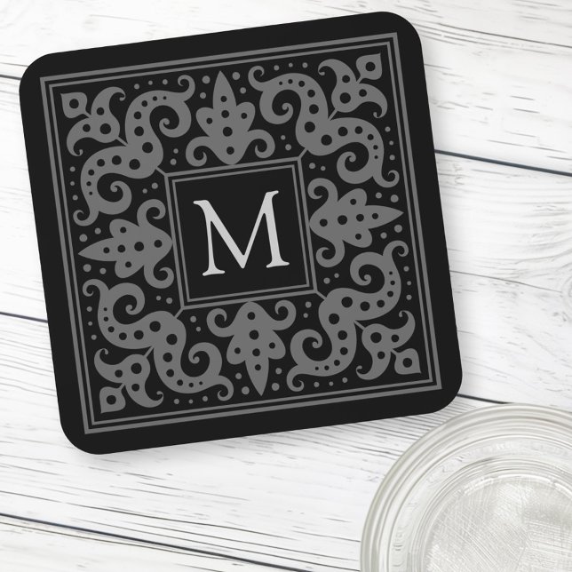 Porta-copo Fronteira inicial de ornamentado cinza preta do mo (Elegant monogram initial black gray ornate border beverage coaster)