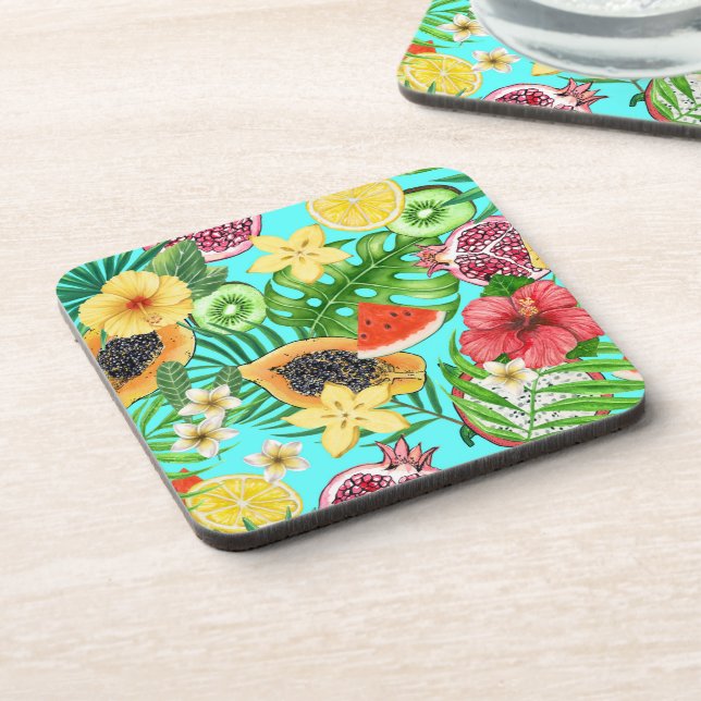 Porta-copo Frutas tropicais, flores e folhas em azul (Left Side)