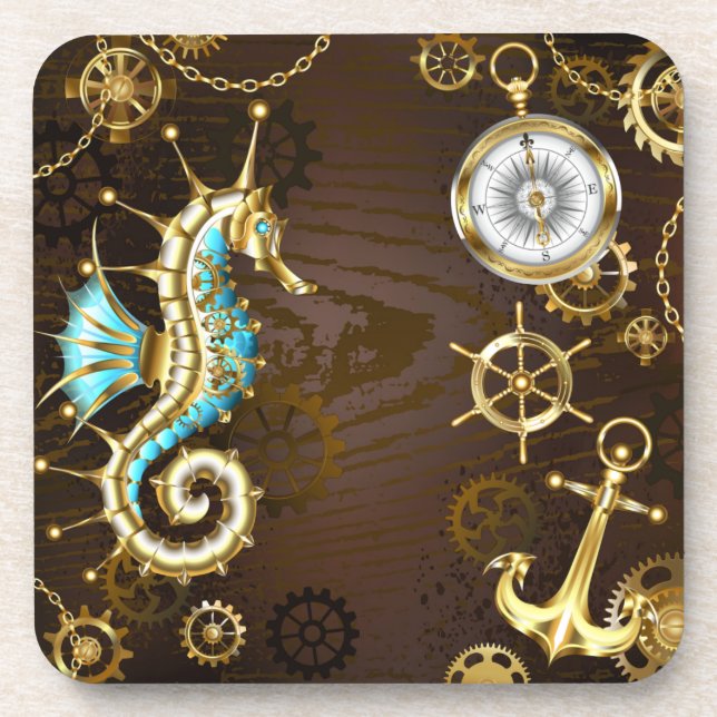 Porta-copo Fundo de madeira com cavalo de mar mecânico (Frente)