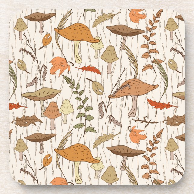 Porta-copo Fungos e Folhas de outono - padrão perfeito. (Frente)