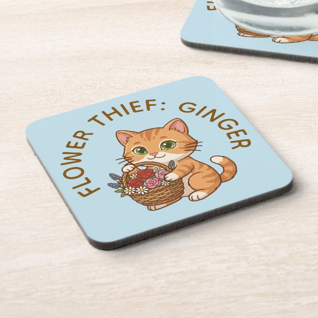 Porta-copo Funny Ginger Cat Flower Thief | Plastic Coaster (Left Side)