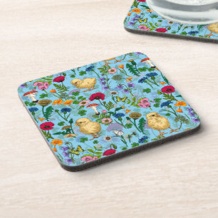 Porta-copo Galinhas e flores silvestres em azul-bebê