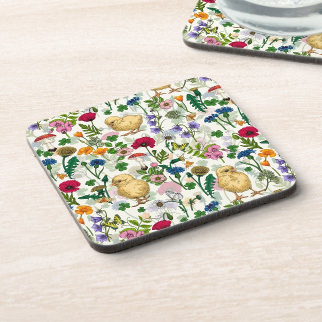 Porta-copo Galinhas e flores silvestres em branco-claro (Left Side)
