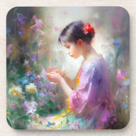 Porta-copo Garota admirando uma flor em suas mãos