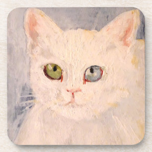 Porta-copo Gatinho branco com olho azul e bebida de olho verd