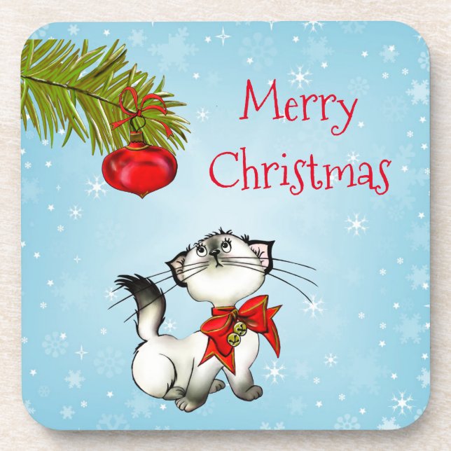 Porta-copo Gatinho De Natal Curioso Com Um Arco Vermelho (Frente)