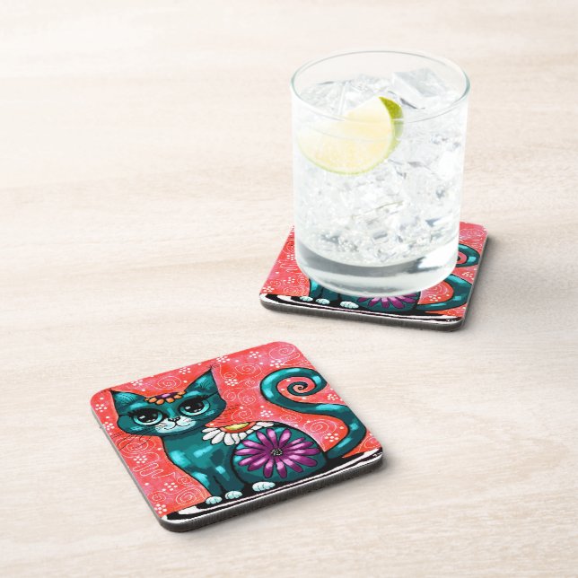 Porta-copo Gatinho Whimsso Sentado em Rã Teal Floral (Lado Direito)