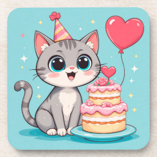Porta-copo Gato Adorável Celebrando Aniversário com Bolo