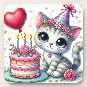 Porta-copo Gato Adorável Celebrando Aniversário com Bolo