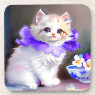 Porta-copo Gato branco com pintura de colarinho de flores rox