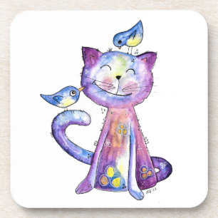 Porta-copo Gato Branco e Roxo Cugado com Aves