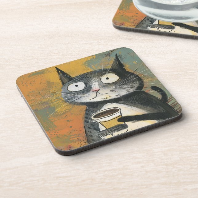 Porta-copo Gato Cinza com Café em Ocre (Left Side)