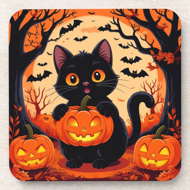 Porta-copo Gato de desenho animado e abóboras sob a lua cheia (Frente)