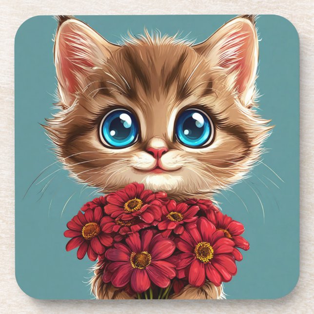 Porta-copo 🐱 Gato de Desenho Animado Fofo Flor Vermelha Pres (Frente)