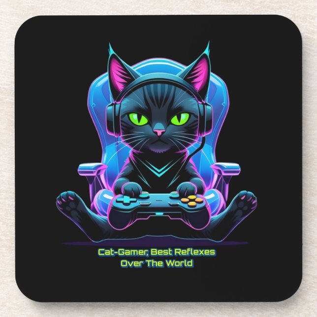 Porta-copo Gato gamer futurista con joystick y actitud felina (Frente)