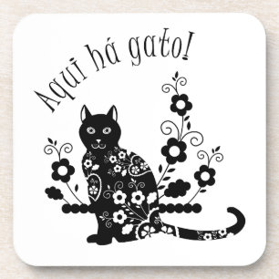 Porta-copo Gato negro com flores e expressão portuguesa