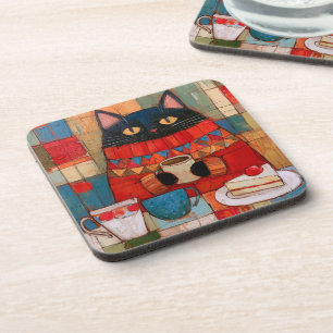 Porta-copo Gato Preto Aconchegante Bebendo Café No Café