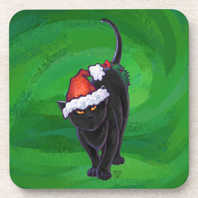 Porta-copo Gato Preto de Natal em Verde (Frente)