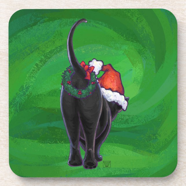 Porta-copo Gato Preto de Natal em Verde (Frente)