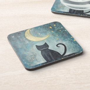 Porta-copo Gato Preto Dormindo com Lua Crescente e Estrelas