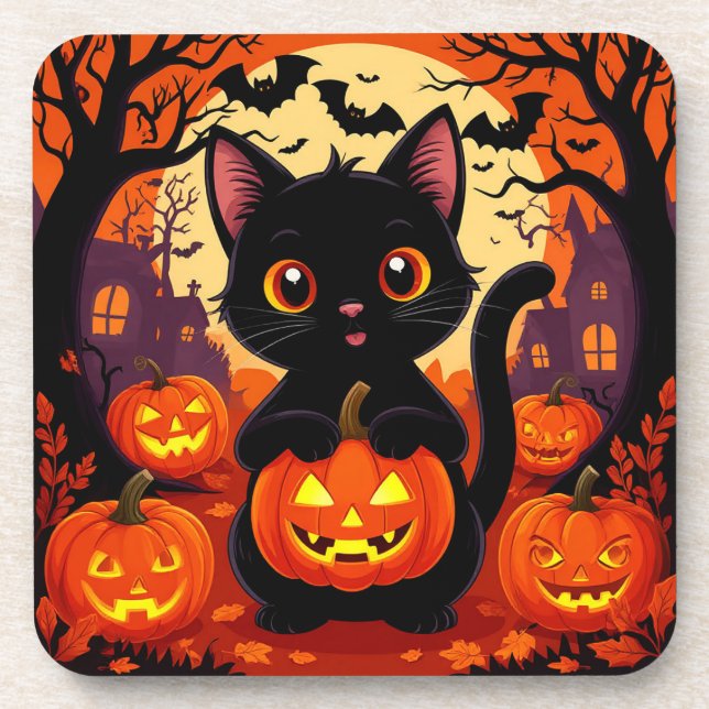 Porta-copo Gato Preto Fofo com Abóboras de Halloween (Frente)