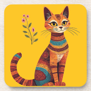 Porta-copo Gato Tribal Boho Fofo Arte Folclórica com Flores