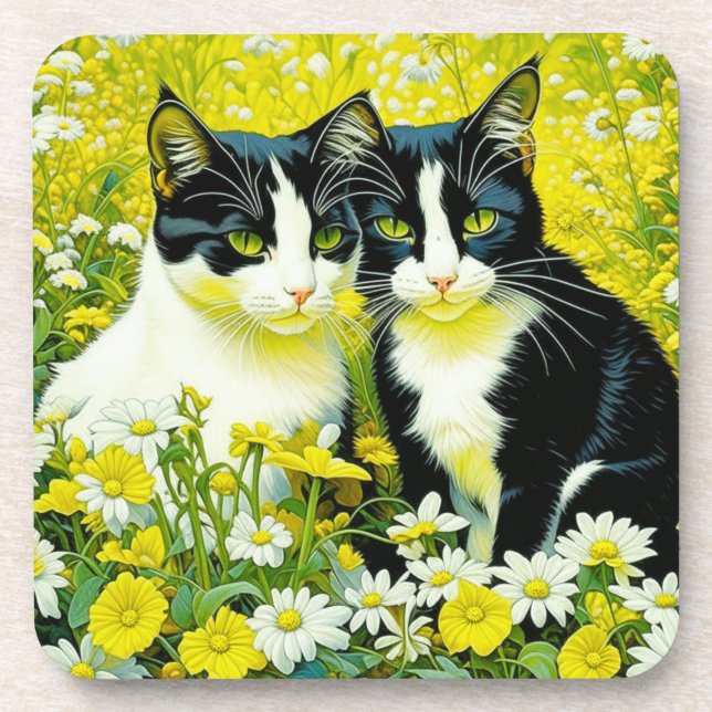 Porta-copo Gatos Adoráveis sentados em um campo de Daisies (Frente)