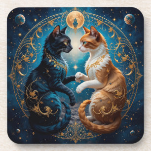 Porta-copo Gatos Celestiais em Arte Cósmica com Ouro e Azul