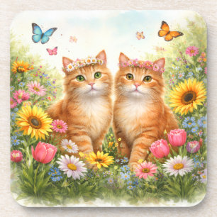 Porta-copo Gatos Laranja Gêmeos Adoráveis com Coroas de Flore