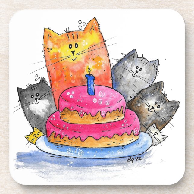 Porta-copo Gatos Whimsso com Bolo de Aniversário (Frente)