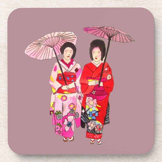 Porta-copo Geisha bonitinha japonesa com quimono rosa (Frente)
