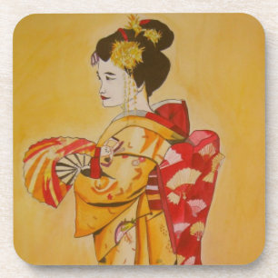 Porta-copo Geisha gold kimono original de aquarela