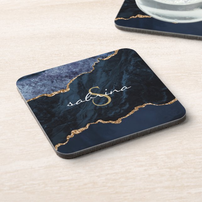 Porta-copo Geodo de Ágata Azul com Monograma Dourado (Left Side)