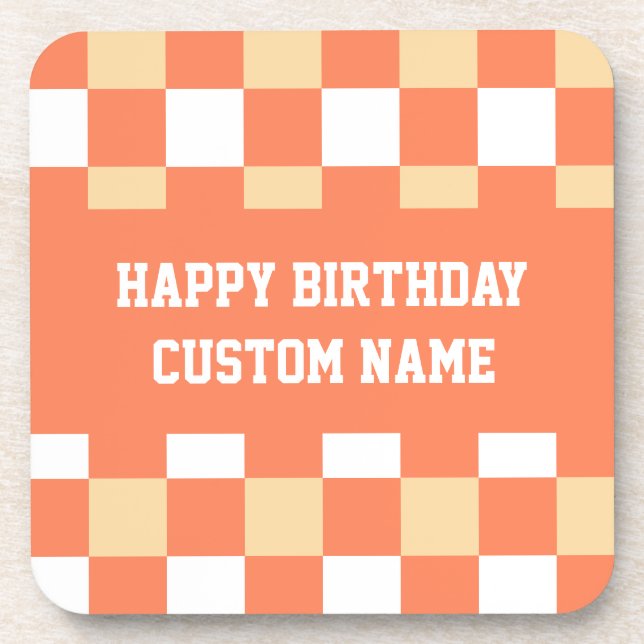 Porta-copo Gingham amarelo de aniversário feliz (Frente)