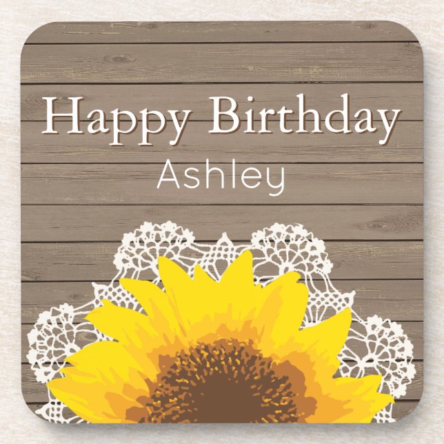 Porta-copo Girassol, rendas e madeira personalizados (Frente)