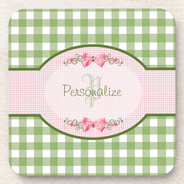 Porta-copo Girly Green Gingham Monograma Com Nome (Frente)